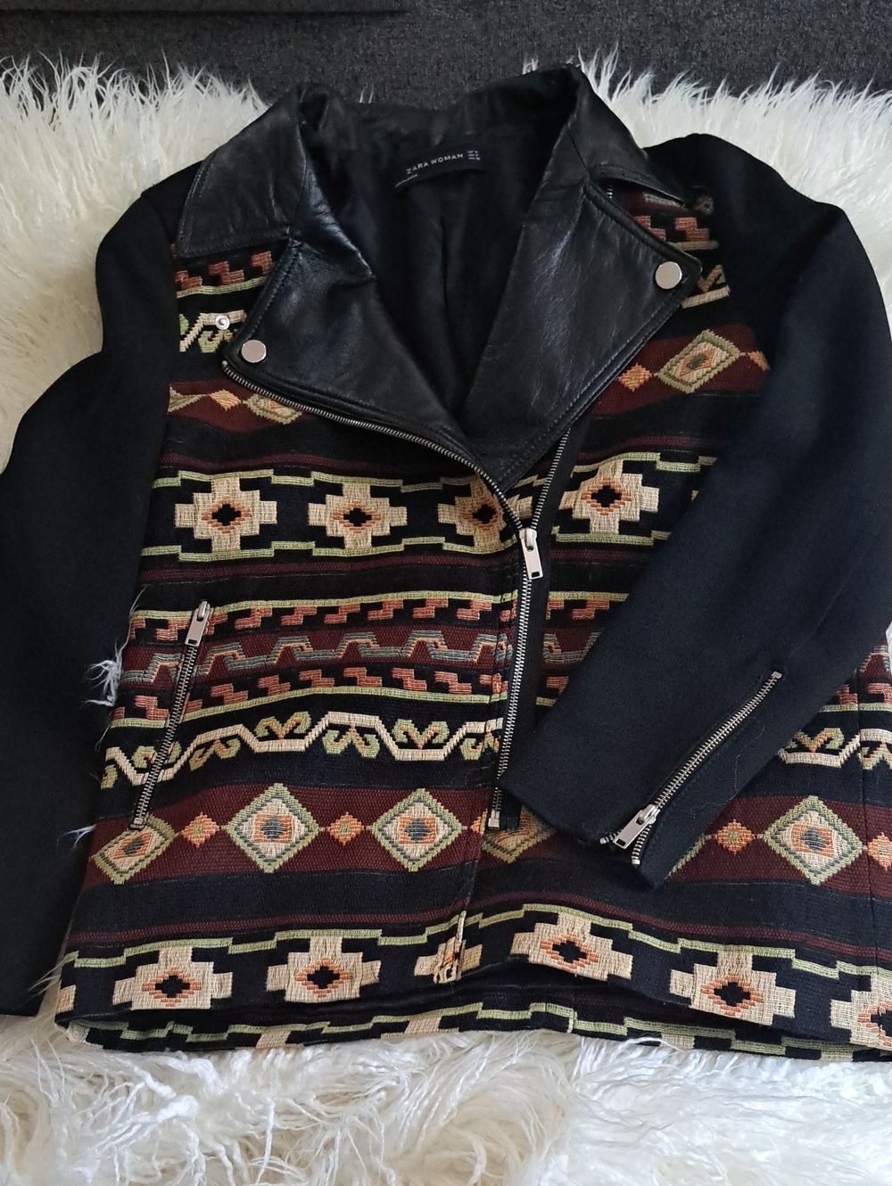 Zara Black Moto Jacket with Multicolor Aztec Panels